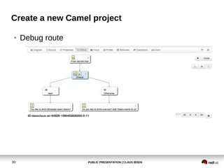 Create a new Camel project
●

30

Debug route

PUBLIC PRESENTATION | CLAUS IBSEN

 