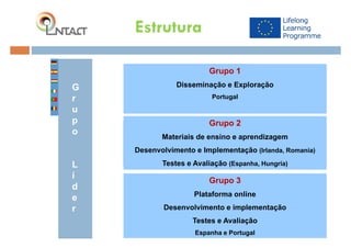 Estrutura
SteeringGroup
G
r
u
p
o
L
í
d
e
r
Grupo 1
Disseminação e Exploração
Portugal
Grupo 2
Materiais de ensino e aprendizagem
Desenvolvimento e Implementação (Irlanda, Romania)
Testes e Avaliação (Espanha, Hungría)
Grupo 3
Plataforma online
Desenvolvimento e implementação
Testes e Avaliação
Espanha e Portugal
 