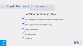 Step1: Get ready for success
Do your home work “ search, plan & prepare scenarios.
Dress for success.
Rehearse.
Body language.
Prepare psychologically and physically.
Meeting preparations tips
 