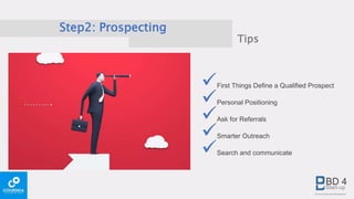 Step2: Prospecting
First Things Define a Qualified Prospect
Personal Positioning
Ask for Referrals
Smarter Outreach
Search and communicate
Tips
 