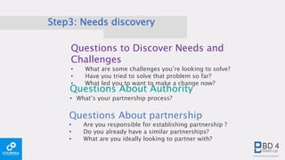 Step3: Needs discovery
Questions to Discover Needs and
Challenges
• What are some challenges you’re looking to solve?
• Have you tried to solve that problem so far?
• What led you to want to make a change now?
Questions About Authority
• What’s your partnership process?
Questions About partnership
• Are you responsible for establishing partnership ?
• Do you already have a similar partnerships?
• What are you ideally looking to partner with?
 