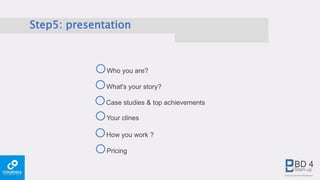 Step5: presentation
oWho you are?
oCase studies & top achievements
oHow you work ?
oYour clines
oWhat's your story?
oPricing
 