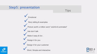 Step5: presentation
Emotional
Picture worth a million word “colorful & animated”
Make it easy & fun .
Ask don’t talk
Story telling & examples
Design it for you
Design it for your customer
Short, Simple and interactive
Tips
 