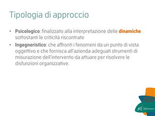 Tipologia di approccio 
•Psicologico: finalizzato alla interpretazione delle dinamiche sottostanti le criticità riscontrate 
•Ingegneristico: che affronti i fenomeni da un punto di vista oggettivo e che fornisca all’azienda adeguati strumenti di misurazione dell’intervento da attuare per risolvere le disfunzioni organizzative.  
