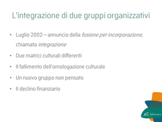 L’integrazione di due gruppi organizzativi 
•Luglio 2002 – annuncio della fusione per incorporazione, chiamata integrazione 
•Due matrici culturali differenti 
•Il fallimento dell’omologazione culturale 
•Un nuovo gruppo non pensato 
•Il declino finanziario  