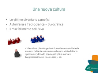 Una nuova cultura 
•Le vittime diventano carnefici 
•Autoritaria e Tecnocratica = Burocratica 
•Il mio fallimento collusivo 
<<la cultura di un'organizzazione viene assimilata dai membri della stessa e coloro che non vi si adattano spesso decidono (o sono costretti) a lasciare l'organizzazione>> (Stonich 1988; p. 33) 
 