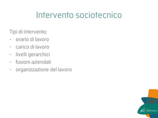 Intervento sociotecnico 
Tipi di intervento: 
-orario di lavoro 
-carico di lavoro 
-livelli gerarchici 
-fusioni aziendali 
-organizzazione del lavoro  