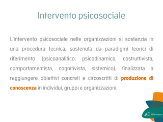 Intervento psicosociale 
L’intervento psicosociale nelle organizzazioni si sostanzia in una procedura tecnica, sostenuta da paradigmi teorici di riferimento (psicoanalitico, psicodinamico, costruttivista, comportamentista, cognitivista, sistemico), finalizzata a raggiungere obiettivi concreti e circoscritti di produzione di conoscenza in individui, gruppi e organizzazioni.  