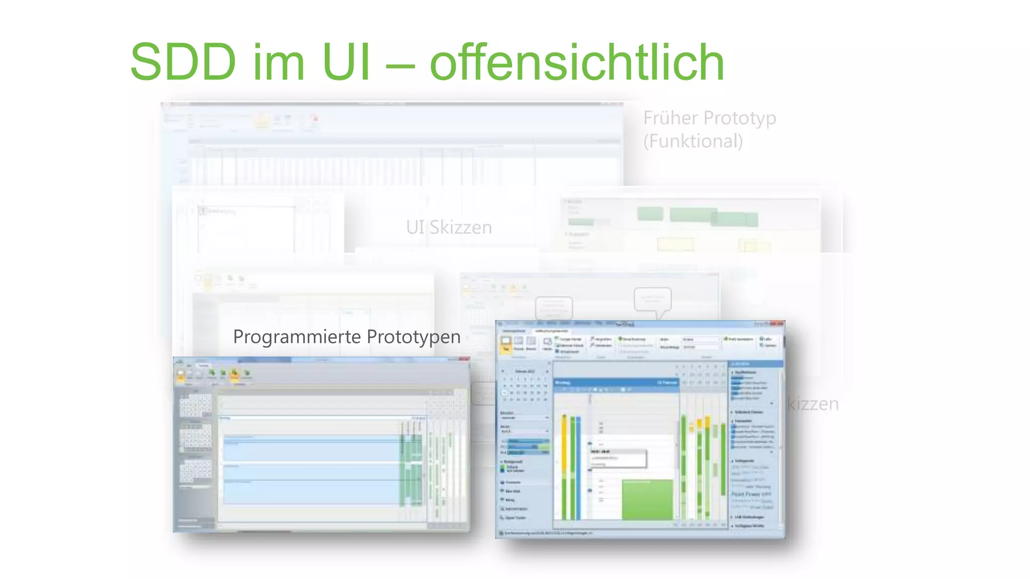 SDD im UI – offensichtlich
Früher Prototyp
(Funktional)

UI Skizzen

Programmierte Prototypen
UI Skizzen

 