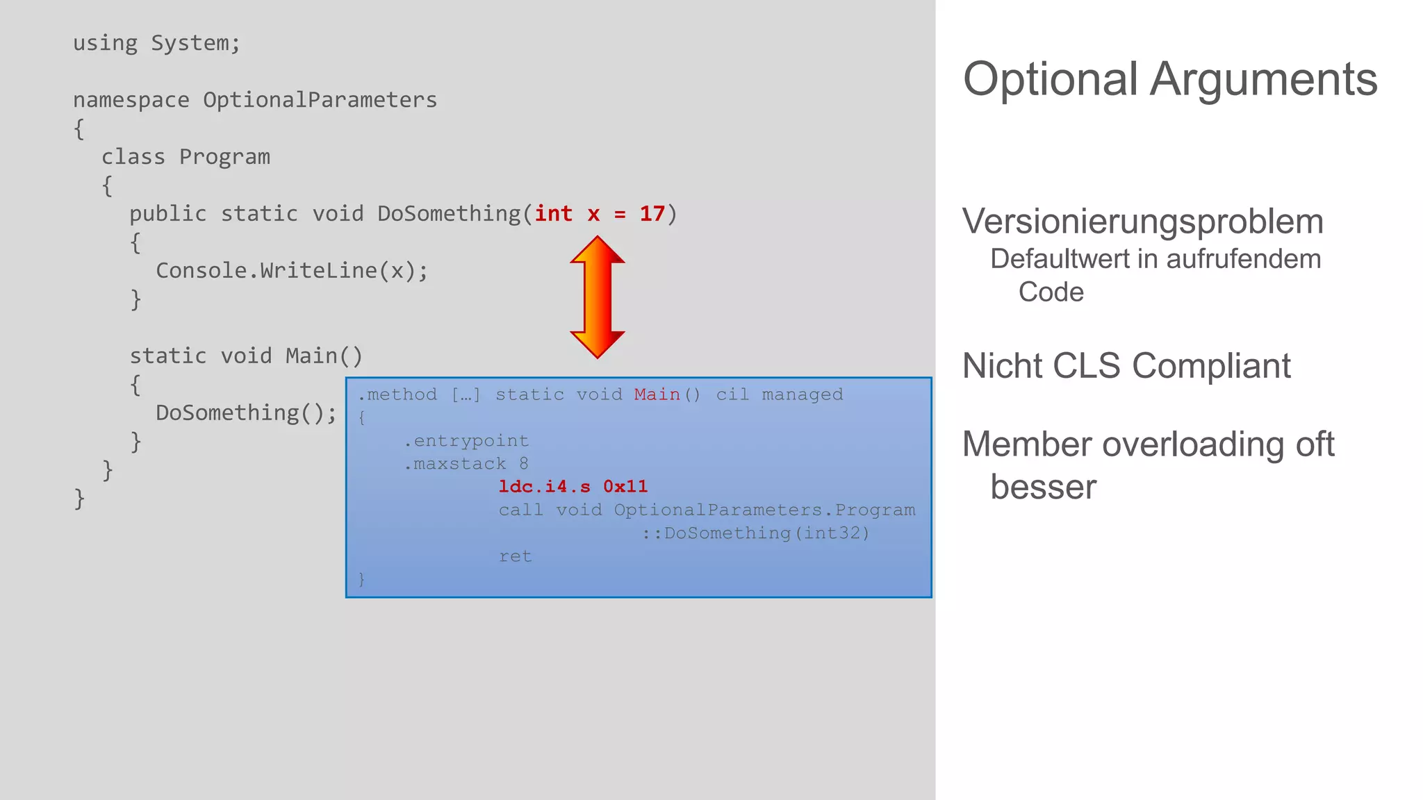 using System;
namespace OptionalParameters
{
class Program
{
public static void DoSomething(int x = 17)
{
Console.WriteLine(x);
}
static void Main()
{
.method […] static void Main() cil managed
DoSomething(); {
.entrypoint
}

.maxstack 8
ldc.i4.s 0x11
call void OptionalParameters.Program
::DoSomething(int32)
ret

}
}
}

Optional Arguments
Versionierungsproblem
Defaultwert in aufrufendem
Code

Nicht CLS Compliant

Member overloading oft
besser

 