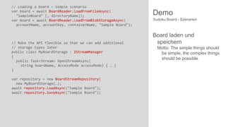 // Loading a board – Simple scenario
var board = await BoardReader.LoadFromFileAsync(
"SampleBoard" [, directoryName]);
var board = await BoardReader.LoadFromBlobStorageAsync(
accountName, accountKey, containerName, "Sample Board");

// Make the API flexible so that we can add additional
// storage types later
public class MyBoardStorage : IStreamManager
{
public Task<Stream> OpenStreamAsync(
string boardName, AccessMode accessMode) { … }
}
var repository = new BoardStreamRepository(
new MyBoardStorage(…);
await repository.LoadAsync("Sample Board");
await repository.SaveAsync("Sample Board");

Demo
Sudoku Board - Szenarien

Board laden und
speichern
Motto: The simple things should
be simple, the complex things
should be possible

 