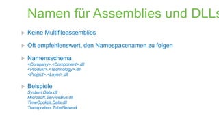 Namen für Assemblies und DLLs


Keine Multifileassemblies



Oft empfehlenswert, den Namespacenamen zu folgen



Namensschema
<Company>.<Component>.dll
<Produkt>.<Technology>.dll
<Project>.<Layer>.dll



Beispiele
System.Data.dll
Microsoft.ServiceBus.dll
TimeCockpit.Data.dll
Transporters.TubeNetwork

 