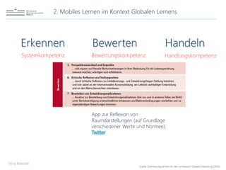 2. Mobiles Lernen im Kontext Globalen Lernens
Nina Brendel
Quelle: Orientierungsrahmen für den Lernbereich Globale Entwicklung (2016)
Systemkompetenz Bewertungskompetenz Handlungskompetenz
App zur Reflexion von
Raumdarstellungen (auf Grundlage
verschiedener Werte und Normen):
Twitter
 
