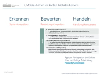 2. Mobiles Lernen im Kontext Globalen Lernens
Nina Brendel
Quelle: Orientierungsrahmen für den Lernbereich Globale Entwicklung (2016)
Systemkompetenz Bewertungskompetenz Handlungskompetenz
App zur Partizipation am Diskurs
über nachhaltige Entwicklung:
Podcasts/Screencasts
 