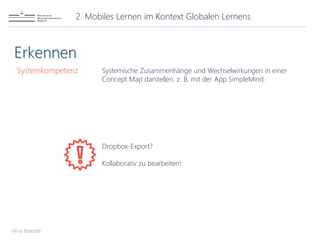2. Mobiles Lernen im Kontext Globalen Lernens
Nina Brendel
Systemkompetenz Systemische Zusammenhänge und Wechselwirkungen in einer
Concept Map darstellen, z. B. mit der App SimpleMind.
Dropbox-Export?
Kollaborativ zu bearbeiten!
 
