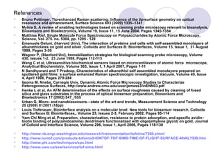 References   Bruno Pettinger, Tip-enhanced Raman scattering: Influence of the tip-surface geometry on optical resonance and enhancement, Surface Science 603 (2009) 1335–1341 Myhra S, A review of enabling technologies based on scanning probe microscopy relevant to bioanalysis, Biosensors and Bioelectronics, Volume 19, Issue 11, 15 June 2004, Pages 1345-1354 Matthias Rief, Single Molecule Force Spectroscopy on Polysaccharides by Atomic Force Microscopy, Science, Vol. 275. no. 5304, pp. 1295 - 129  Emanuele Ostuni, (Harvard Univ), The interaction of proteins and cells with self-assembled monolayers of alkanethiolates on gold and silver, Colloids and Surfaces B: Biointerfaces, Volume 15, Issue 1,  31 August 1999, Pages 3-30  Wagner P, (Stanford Uni), Immobilization strategies for biological scanning probe microscopy, Volume 430, Issues 1-2,  23 June 1998, Pages 112-115  Wang C et al, Ultrasensitive biochemical sensors based on microcantilevers of atomic force  microscope, Analytical Biochemistry, Volume 363, Issue 1, 1 April 2007, Pages 1-11  N Sandhyarani and T Pradeep, Characteristics of alkanethiol self assembled monolayers prepared on sputtered gold films: a surface enhanced Raman spectroscopic investigation, Vacuum, Volume 49, Issue 4, April 1998, Pages 279-284  Ijeoma M. Nnebe, Carnegie Univ, Dynamic Atomic Force Microscopy Studies to Characterize Heterogeneous Surfaces, http://www.andrew.cmu.edu/user/jamess3/inENN03.pdf Henke L et al, An AFM determination of the effects on surface roughness caused by cleaning of fused silica and glass substrates in the process of optical biosensor preparation, Biosensors and Bioelectronics 17 (2002) 547_/555 Urban G, Micro- and nanobiosensors—state of the art and trends, Measurement Science and Technology 20 (2009) 012001 (18pp) Louis Tiefenauer, Biointerface analysis on a molecular level: New tools for biosensor research, Colloids and Surfaces B: Biointerfaces,, Volume 23, Issues 2-3, February 2002, Pages 95-114 Yam Chi Ming et al, Preparation, characterization, resistance to protein adsorption, and specific avidin–biotin binding of poly(amidoamine) dendrimers functionalized with oligo(ethylene glycol) on gold, Journal of Colloid and Interface Science, Volume 296, Issue 1, April 2006, Pages 118-130 http://www.nb.engr.washington.edu/research/instrumentation/tofsims/7200.shtml http://www.iontof.com/products-tofsims5-IONTOF-TOF-SIMS-TIME-OF-FLIGHT-SURFACE-ANALYSIS.htm http://www.phi.com/techniques/xps.html http://www.uwo.ca/ssw/services/tof-sims.html 