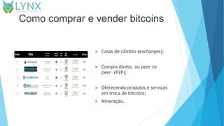 Como comprar e vender bitcoins
 Casas de câmbio (exchanges);
 Compra direta, ou peer to
peer (P2P);
 Oferecendo produtos e serviços
em troca de bitcoins;
 Mineração.
 
