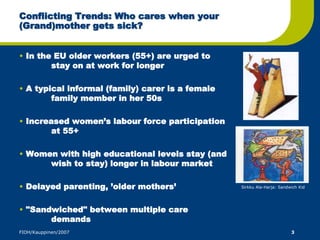 Conflicting Trends: Who cares when your 
(Grand)mother gets sick? 
• In the EU older workers (55+) are urged to 
stay on at work for longer 
• A typical informal (family) carer is a female 
family member in her 50s 
• Increased women’s labour force participation 
at 55+ 
• Women with high educational levels stay (and 
wish to stay) longer in labour market 
• Delayed parenting, ’older mothers’ 
• "Sandwiched" between multiple care 
demands 
Sirkku Ala-Harja: Sandwich Kid 
FIOH/Kauppinen/2007 3 
 