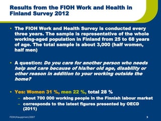 Results from the FIOH Work and Health in 
Finland Survey 2012 
• The FIOH Work and Health Survey is conducted every 
three years. The sample is representative of the whole 
working-aged population in Finland from 25 to 68 years 
of age. The total sample is about 3,000 (half women, 
half men) 
• A question: Do you care for another person who needs 
help and care because of his/her old age, disability or 
other reason in addition to your working outside the 
home? 
• Yes: Women 31 %, men 22 %, total 28 % 
– about 700 000 working people in the Finnish labour market 
– corresponds to the latest figures presented by OECD 
(2011) 
FIOH/Kauppinen/2007 5 
 