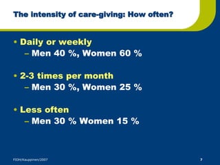 The intensity of care-giving: How often? 
• Daily or weekly 
– Men 40 %, Women 60 % 
• 2-3 times per month 
– Men 30 %, Women 25 % 
• Less often 
– Men 30 % Women 15 % 
FIOH/Kauppinen/2007 7 
 