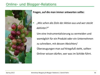 Online- und Blogger-Relations

                Fragen, auf die man immer antworten sollte:


                 „Wie sehen die Ziele der Aktion aus und wer steckt
                     dahinter?“

                     Um eine Instrumentalisierung zu vermeiden und
                     womöglich für ein Produkt oder ein Unternehmen
                     zu schreiben, mit dessen Absichten/
                     Überzeugungen man auf Kriegsfuß steht, sollten
                     Onliner wissen dürfen, wer was im Schilde führt.




Spring 2012   Workshop Blogging & Blogger Relations | Daniel Rehn       56
 
