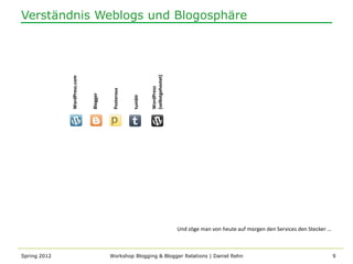 Verständnis Weblogs und Blogosphäre




                                                              (selbstgehostet)
              WordPress.com




                                                              WordPress
                                         Posterous
                              Blogger




                                                     tumblr




                                                                                 Und zöge man von heute auf morgen den Services den Stecker …



Spring 2012                             Workshop Blogging & Blogger Relations | Daniel Rehn                                                     9
 