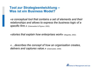 Tool zur Strategieentwicklung –
Was ist ein Business Model?

«a conceptual tool that contains a set of elements and their
relationships and allows to express the business logic of a
specific firm.» (Osterwalder & Pigneur, 2002)


«stories that explain how enterprises work» (Magretta, 2002)


«…describes the concept of how an organisation creates,
delivers and captures value.» (Osterwalder, 2009)
 