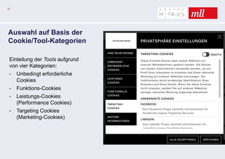 22
Auswahl auf Basis der
Cookie/Tool-Kategorien
Einteilung der Tools aufgrund
von vier Kategorien:
- Unbedingt erforderliche
Cookies
- Funktions-Cookies
- Leistungs-Cookies
(Performance Cookies)
- Targeting Cookies
(Marketing-Cookies)
 