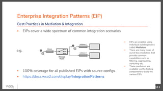 ▪ EIPs are enabled using
individual building blocks
called Mediators
▪ There are many types of
out of box mediators that
provide common
capabilities such as
ﬁltering, aggregating,
switching etc.
▪ These mediators are
available via the tooling
component to build the
various EIPs
▪ EIPs cover a wide spectrum of common integration scenarios
e.g.
▪ 100% coverage for all published EIPs with source conﬁgs
▪ https://docs.wso2.com/display/IntegrationPatterns
Enterprise Integration Patterns (EIP)
111
Best Practices in Mediation & Integration
 