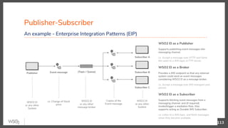 WSO2 EI
or any other
System
Copies of the
Event message
Publisher-Subscriber
113
An example - Enterprise Integration Patterns (EIP)
Subscriber A
(Topic / Queue)
WSO2 EI
or any other
message broker
Event message
i.e. Change of Stock
price
Publisher
WSO2 EI
or any other
System
Subscriber B
Subscriber C
WSO2 EI as a Publisher
Supports publishing event messages into
messaging channel.
i.e. Accept a message over HTTP and Send
the same to a JMS topic or FTP server.
WSO2 EI as a Broker
Provides a JMS endpoint so that any external
system could send an event messages
considering WSO2 EI as a message broker.
i.e. Accept a message over JMS transport and
persist.
WSO2 EI as a Subscriber
Supports fetching event messages from a
messaging channel, and (if required)
invoke/trigger a mediation ﬂow. Also
supports acting as Durable JMS Subscriber.
i.e. Listen to a JMS topic, and fetch messages
when they become available.
 