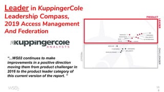 13
8
“...WS02 continues to make
improvements in a positive direction
moving them from product challenger in
2016 to the product leader category of
this current version of the report. ”
Leader in KuppingerCole
Leadership Compass,
2019 Access Management
And Federation
 