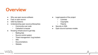 ● Why use open source software
● Free vs open source
● OSS foundations
● Understanding open source philosophies
○ Community over code
○ Cathedral vs bazaar
● Knowing infrastructure to get help
○ Mailing lists
○ Source control system
○ Ticket management / bug trackers
○ Wiki
○ Documentations
○ Website
Overview
2
● Legal aspects of the project
○ Licenses
○ Copyrights
○ Patents
● Security in OSS
● Open source business models
 
