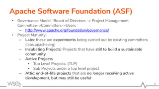 Apache Software Foundation (ASF)
• Governance Model : Board of Directors -> Project Management
Committee->Committers->Users
– http://www.apache.org/foundation/governance/
• Project Maturity:
– Labs: these are experiments being carried out by existing committers
(labs.apache.org)
– Incubating Projects: Projects that have still to build a sustainable
community
– Active Projects
• Top Level Projects: (TLP)
• Sub Projects under a top level project
– Attic: end-of-life projects that are no longer receiving active
development, but may still be useful
21
 