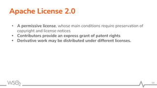 Apache License 2.0
• A permissive license, whose main conditions require preservation of
copyright and license notices
• Contributors provide an express grant of patent rights
• Derivative work may be distributed under different licenses.
54
 