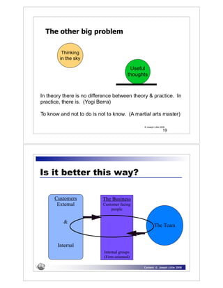 The other big problem

         Thinking
        in the sky

                                          Useful
                                         thoughts



In theory there is no difference between theory & practice. In
practice, there is. (Yogi Berra)

To know and not to do is not to know. (A martial arts master)

                                               © Joseph Little 2009
                                                                 19




Is it better this way?

      Customers            The Business
       External            Customer facing
                               people


          &
                                                        The Team


       Internal
                            Internal groups
                            (Firm oriented)

                                               Content © Joseph Little 2008
 