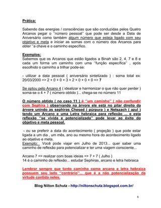 Prática:

Sabendo das energias / consciências que são conduzidas pelos Quatro
Arcanos pegar o ‘’número pessoal’’ que pode ser desde a Data de
Aniversário como também algum número que esteja ligado com seu
objetivo e meta e iniciar as somas com o número dos Arcanos para
obter ‘’a chave e o caminho específico.

Exemplos:
Sabemos que os Arcanos que estão ligados a Binah são 2, 4, 7 e 8 e
cada um forma um caminho com uma ‘’função específica’’ , após
escolhido o caminho a trilhar pode-se:

- utilizar a data pessoal ( aniversário sintetizado ) : soma total ex:
20/03/2000 => 2 + 0 + 0 + 3 + 2 + 0 + 0 + 0 => 7

Se optou pelo Arcano 4 ( idealizar e harmonizar o que não quer perder )
soma-se o 4 + 7 ( número obtido )... chega-se no número 11

O número obtido ( no caso 11 ) é ‘’um caminho’’ ( não confundir
com Sephira ) observando na árvore ele está no pilar direito da
árvore unindo as sephiras Chesed ( púrpura ) e Netszach ( azul )
tendo um Arcano e uma Letra hebraica para reflexão ... e esta
reflexão ‘’se vivida e potencializada’’ pode levar ao êxito do
objetivo e meta pessoal.

 - ou se preferir a data do acontecimento ( projeção ) que pode estar
ligada a um dia , um mês, ano ou mesmo hora do acontecimento ligado
ao objetivo e meta.
Exemplo: Você pode viajar em Julho de 2013... quer saber uma
caminho de reflexão para potencializar e ter uma viagem consciente...

Arcano 7 => realizar com boas ideias => 7 + 7 ( Julho )
14 é o caminho de reflexão... estudar Sephiras, arcano e letra hebraica

Lembrar sempre que tanto caminho como arcano e letra hebraica
possuem seu lado ‘’contrário’’... que é a não potencialização da
virtude contida neles.

       Blog Nilton Schutz - http://niltonschutz.blogspot.com.br/

                                                                      8
 