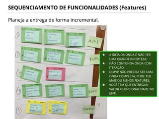SEQUENCIAMENTO DE FUNCIONALIDADES (Features)
Planeja a entrega de forma incremental.
★ A IDEIA DA ONDA É NÃO TER
UMA GRANDE INCERTEZA;
★ NÃO CONFUNDA ONDA COM
ITERAÇÃO;
★ O MVP NÃO PRECISA SER UMA
ONDA COMPLETA, PODE TER
MAIS OU MENOS FEATURES;
★ VOCÊ TEM QUE ENTREGAR
VALOR X FUNCIONALIDADE NO
MVP.
 
