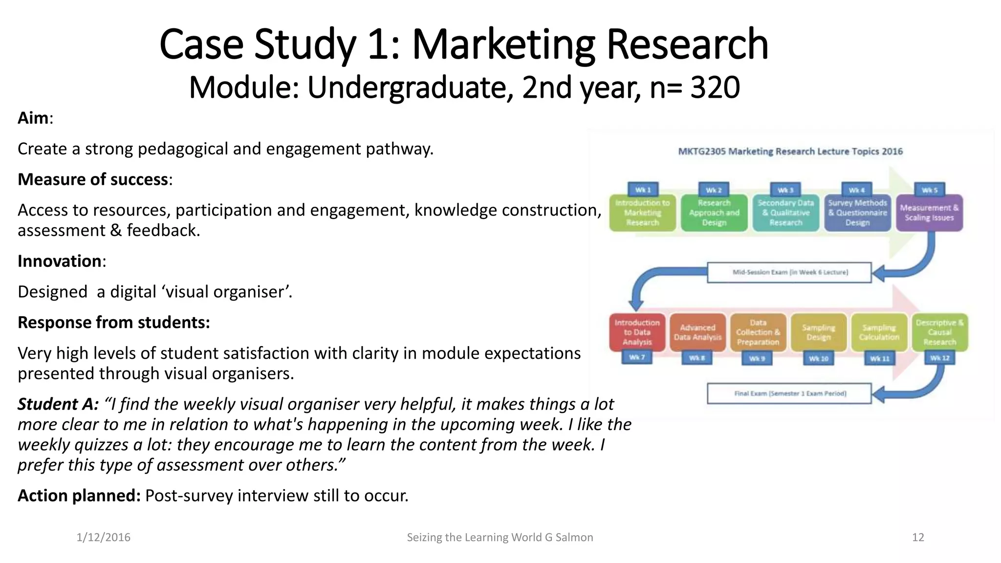 Case Study 1: Marketing Research
Module: Undergraduate, 2nd year, n= 320
Aim:
Create a strong pedagogical and engagement pathway.
Measure of success:
Access to resources, participation and engagement, knowledge construction,
assessment & feedback.
Innovation:
Designed a digital ‘visual organiser’.
Response from students:
Very high levels of student satisfaction with clarity in module expectations
presented through visual organisers.
Student A: “I find the weekly visual organiser very helpful, it makes things a lot
more clear to me in relation to what's happening in the upcoming week. I like the
weekly quizzes a lot: they encourage me to learn the content from the week. I
prefer this type of assessment over others.”
Action planned: Post-survey interview still to occur.
Seizing the Learning World G Salmon 121/12/2016
 