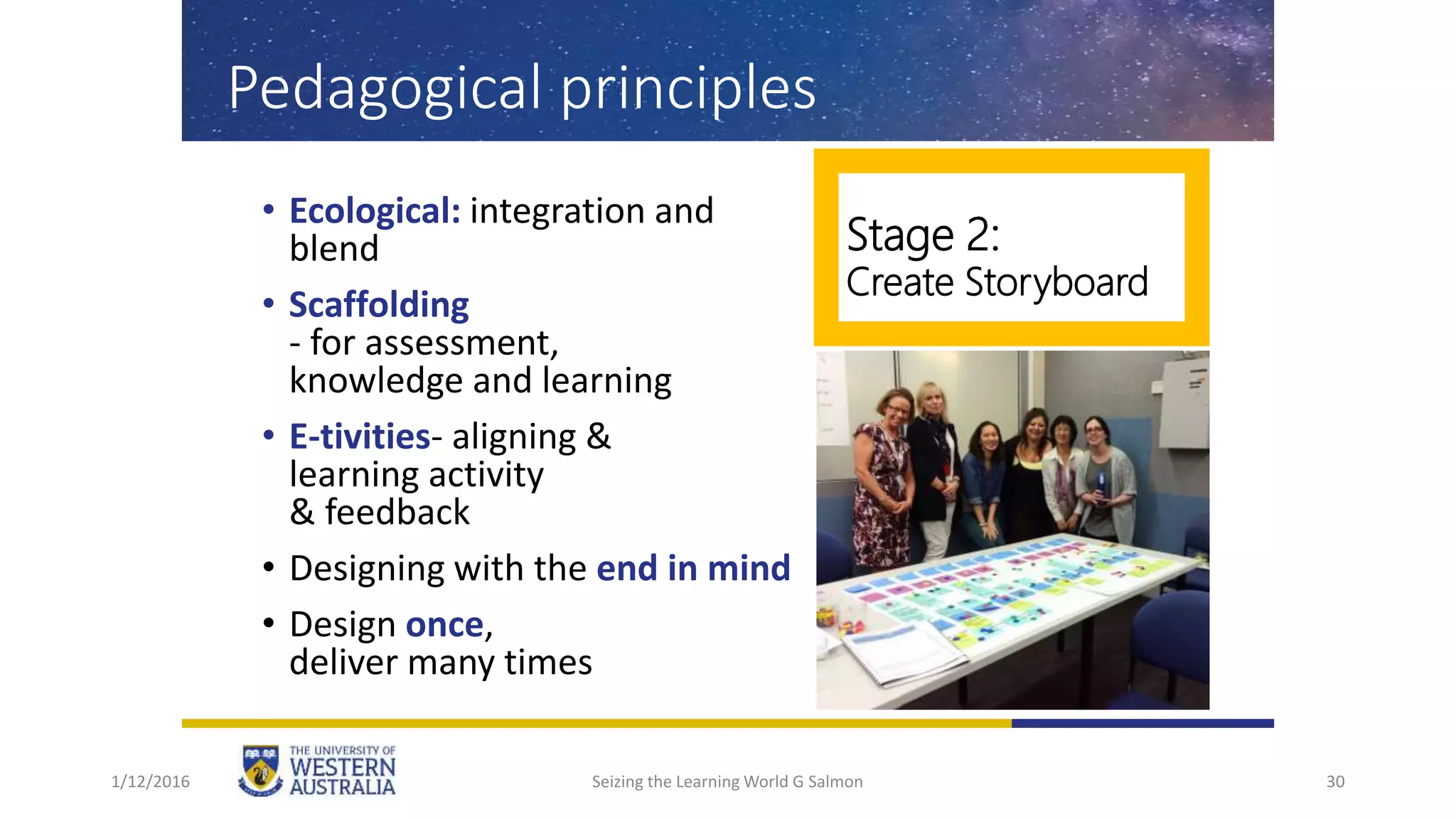 1/12/2016 Seizing the Learning World G Salmon 30
• Ecological: integration and
blend
• Scaffolding
- for assessment,
knowledge and learning
• E-tivities- aligning &
learning activity
& feedback
• Designing with the end in mind
• Design once,
deliver many times
Stage 2:
Create Storyboard
Pedagogical principles
 