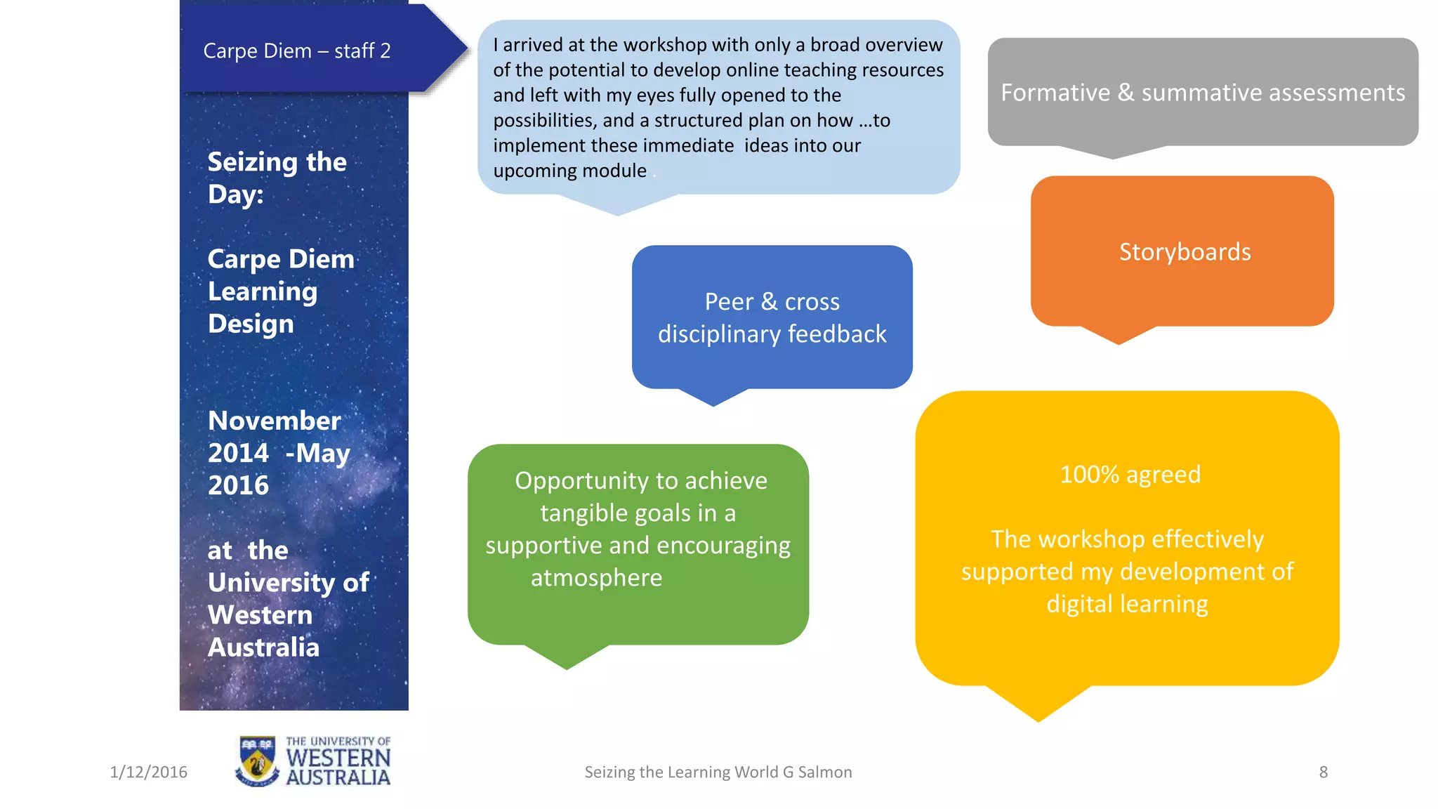 Storyboards
Formative & summative assessments
Opportunity to achieve
tangible goals in a
supportive and encouraging
atmosphere
100% agreed
The workshop effectively
supported my development of
digital learning
Peer & cross
disciplinary feedback
Carpe Diem – staff 2
Seizing the
Day:
Carpe Diem
Learning
Design
November
2014 -May
2016
at the
University of
Western
Australia
1/12/2016 Seizing the Learning World G Salmon 8
I arrived at the workshop with only a broad overview
of the potential to develop online teaching resources
and left with my eyes fully opened to the
possibilities, and a structured plan on how …to
implement these immediate ideas into our
upcoming module .
 