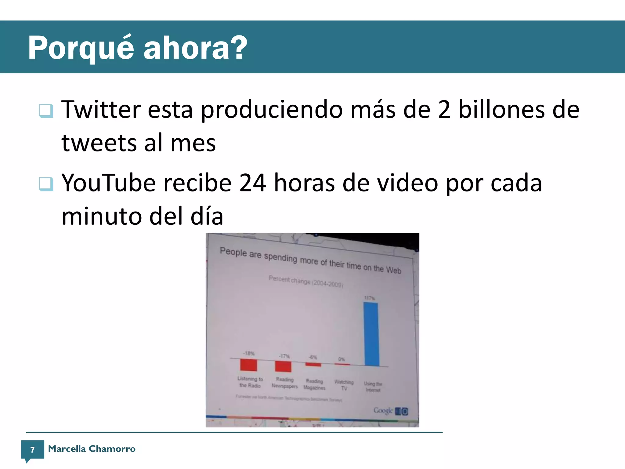 Porqué ahora?
     Twitter esta produciendo más de 2 billones de
      tweets al mes
     YouTube recibe 24 horas de video por cada
      minuto del día




7   Marcella Chamorro
 