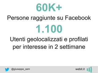 @giuseppe_sem webit.it
60K+
Persone raggiunte su Facebook
1.100
Utenti geolocalizzati e profilati
per interesse in 2 setti...