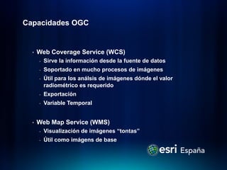 Capacidades OGC


  •   Web Coverage Service (WCS)
      -   Sirve la información desde la fuente de datos
      -   Soportado en mucho procesos de imágenes
      -   Útil para los análsis de imágenes dónde el valor
          radiométrico es requerido
      -   Exportación
      -   Variable Temporal


  •   Web Map Service (WMS)
      -   Visualización de imágenes “tontas”
      -   Útil como imágens de base
 