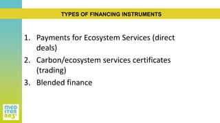 1. Payments for Ecosystem Services (direct
deals)
2. Carbon/ecosystem services certificates
(trading)
3. Blended finance
T...