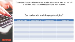 Considerando que cada um de nós acede, pelo menos, uma vez por dia
à internet, então a nossa pegada digital será extensa
Por onde anda a minha pegada digital?
Endereço /URL Tipo instituição Consequência Comentário
 