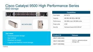 Cisco Catalyst 9500 High Performance Series
SSD storage
* Roadmap
Use cases
• General-purpose storage
• App hosting*
• Wireshark on-board
• Logging local NetFlow record storage
Capabilities
Form factor M2 SATA
Capacity 240 GB, 480 GB or 960 GB
Performance 300 MB/s read, 290 MB/s write
Power write 4.5W
Security Hardware-based AES-256-bit*
Product ID Release
C9K-F1-SSD-240G
16.8.1a – general-purpose
storage only
C9K-F1-SSD-480G
C9K-F1-SSD-960G
M2 SATA SSD
 