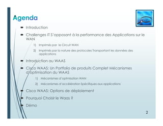  Introduction
 Challenges IT S’opposant à la performance des Applications sur le
WAN
1) Imprimés par le Circuit WAN
2) Imprimés par la nature des protocoles Transportant les données des
applications
 Introduction au WAAS
 Cisco WAAS: Un Portfolio de produits Complet Mécanismes
d’optimisation du WAAS
1) Mécanismes d’optmisation WAN
2) Mécanismes d’accélération Spécifiques aux applications
 Cisco WAAS: Options de déploiement
 Pourquoi Choisir le Waas ?
 Démo
2
 