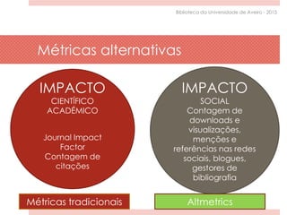 Métricas alternativas
IMPACTO
CIENTÍFICO
ACADÉMICO
Journal Impact
Factor
Contagem de
citações
IMPACTO
SOCIAL
Contagem de
downloads e
visualizações,
menções e
referências nas redes
sociais, blogues,
gestores de
bibliografia
Métricas tradicionais Altmetrics
Biblioteca da Universidade de Aveiro - 2015
 