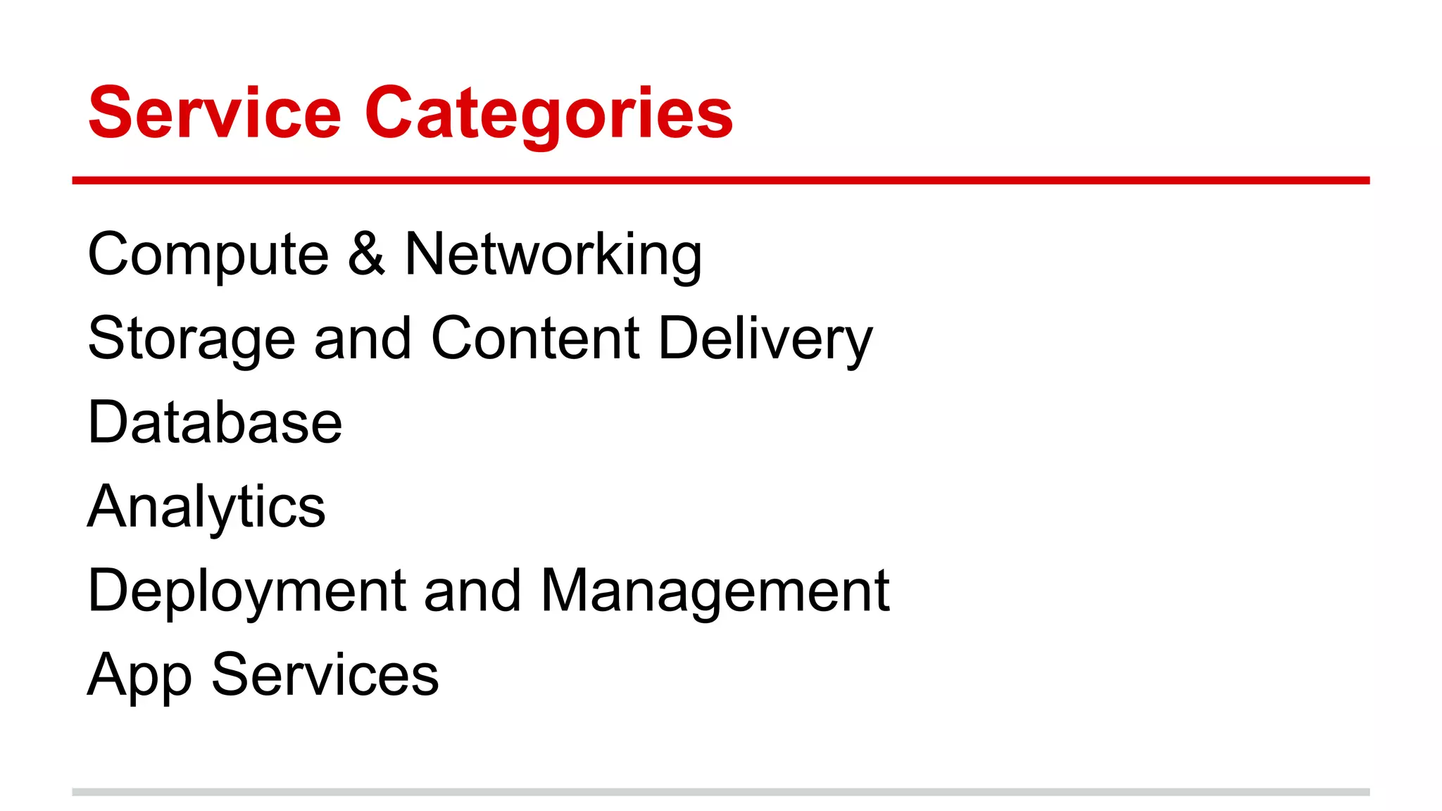 Service Categories
Compute & Networking
Storage and Content Delivery
Database
Analytics
Deployment and Management
App Services
 