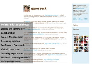 Twitter Educational uses: Classroom community Collaboration  Project Management Assessing opinion Conference / research  V...